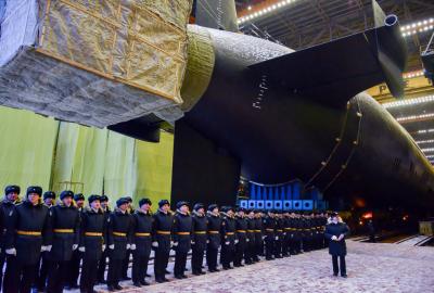 Церемония вывода из эллинга атомной подлодки "Генералиссимус Суворов" в Северодвинске. 25 декабря 2021 года. Фото © ТАСС / Пресс-служба АО "ПО "Севмаш"